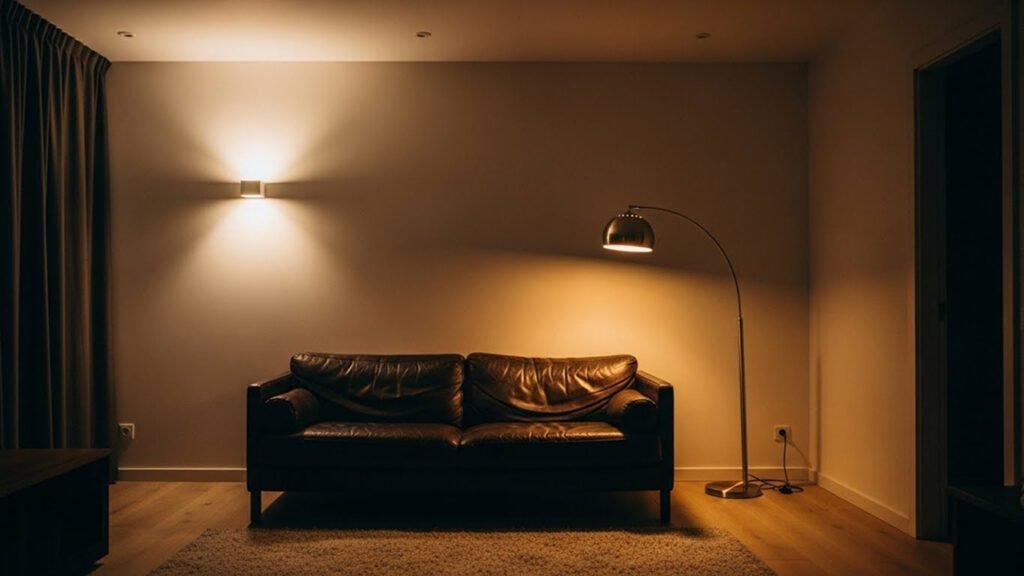 3-point lighting system around a black leather couch: ambient ceiling, task floor lamp, and accent wall sconce for a bright, layered effect