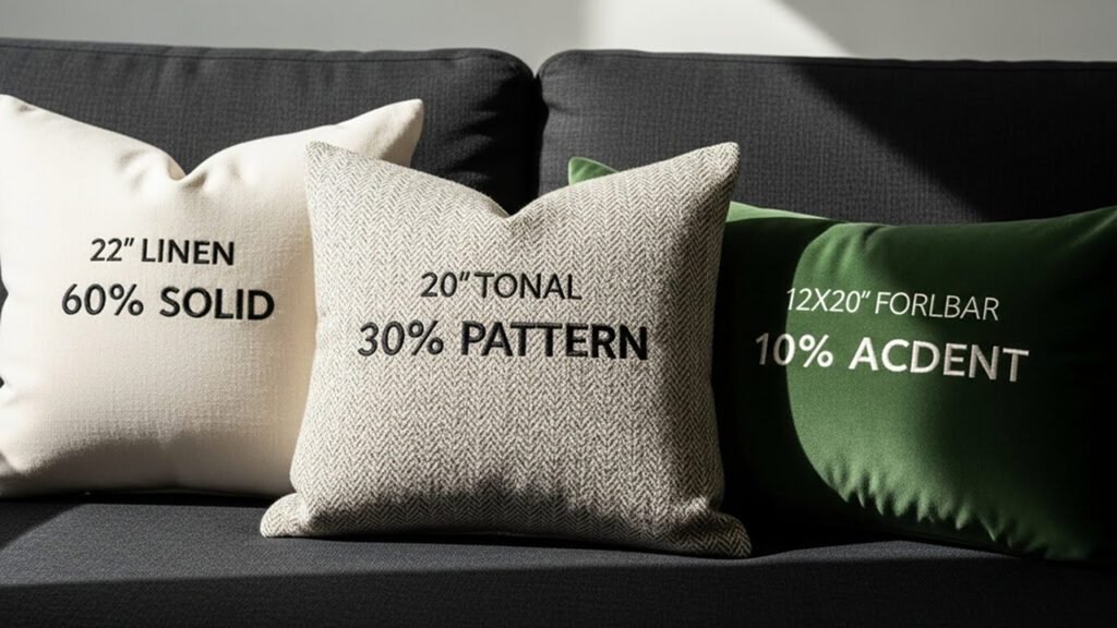 Black couch styled with 3-pillow formula: 60% solid oat linen, 30% subtle pattern, 10% forest green accent—balanced and pet-conscious