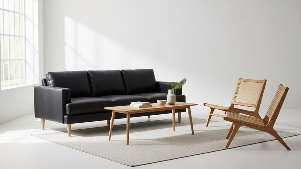 Black leather couch balanced with warm light oak coffee table and legs—mid-century modern styling that avoids gloom