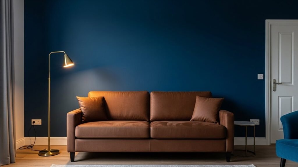 Brown and blue contrast palette in living room decor ideas 2026
