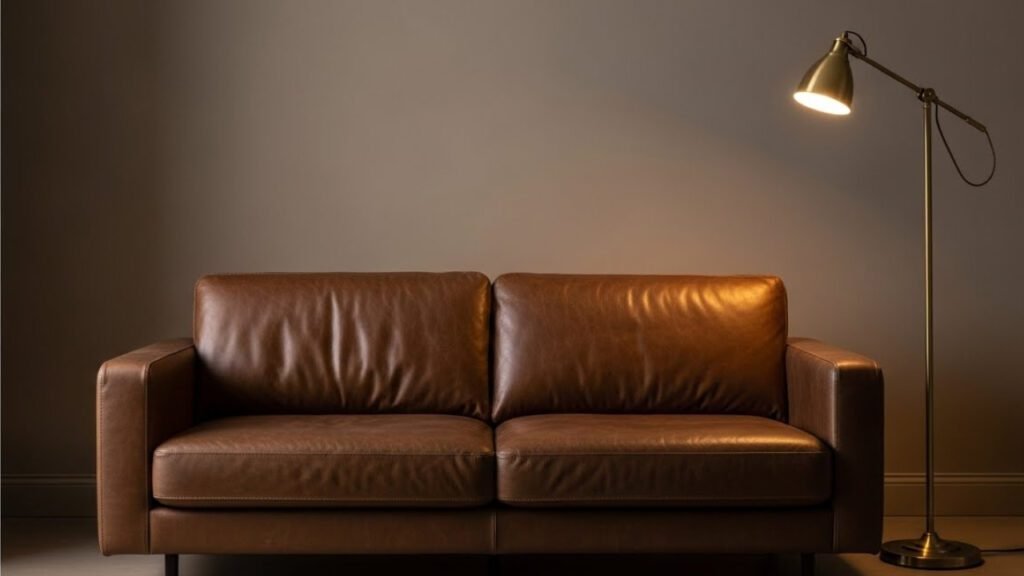 Brown living room decor 2026 with chocolate leather sofa and brass accents