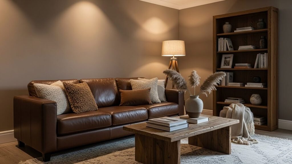 Brown living room decor ideas 2026 featuring taupe walls, chocolate leather sofa, and cream rug