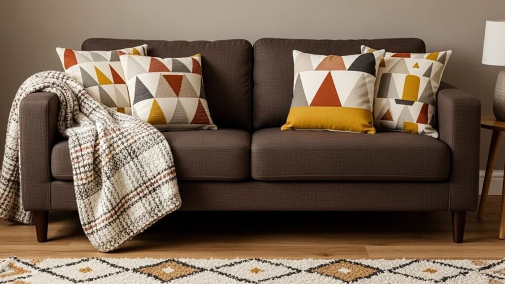 Brown living room decor with plaid and geometric patterned textiles for 2026