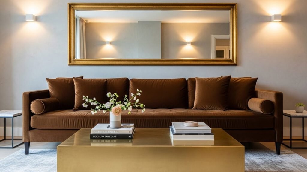 Brown velvet sofa with gold accents in chic living room decor ideas 2026