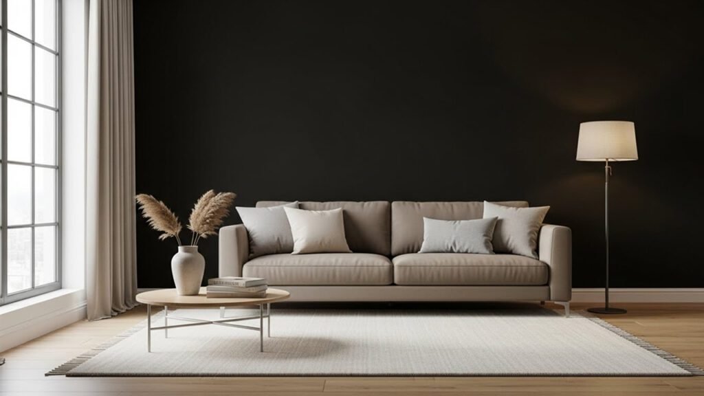 Espresso accent wall with taupe sofa in brown living room decor ideas 2026