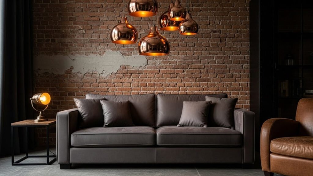 Industrial brown living room decor with espresso sofa and copper accents