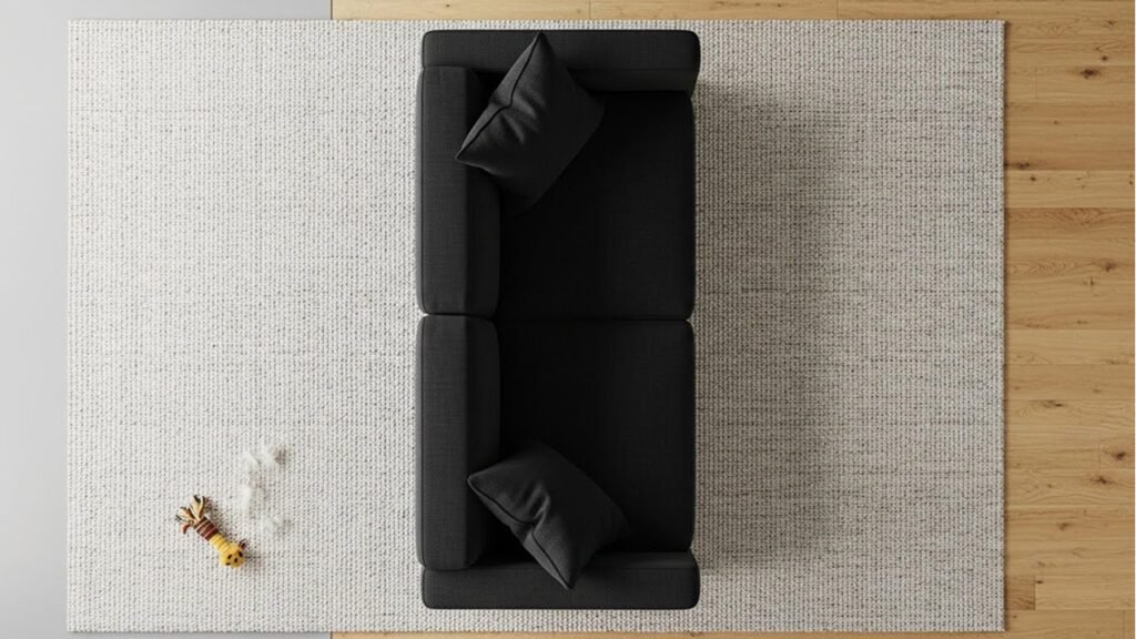 Light ivory low-pile wool rug under black fabric couch—pet-friendly, brightening, and sized correctly at 8x10 feet