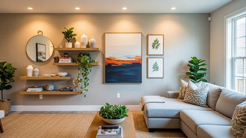 Modern living room with accent wall, framed art, shelves, and mirror.