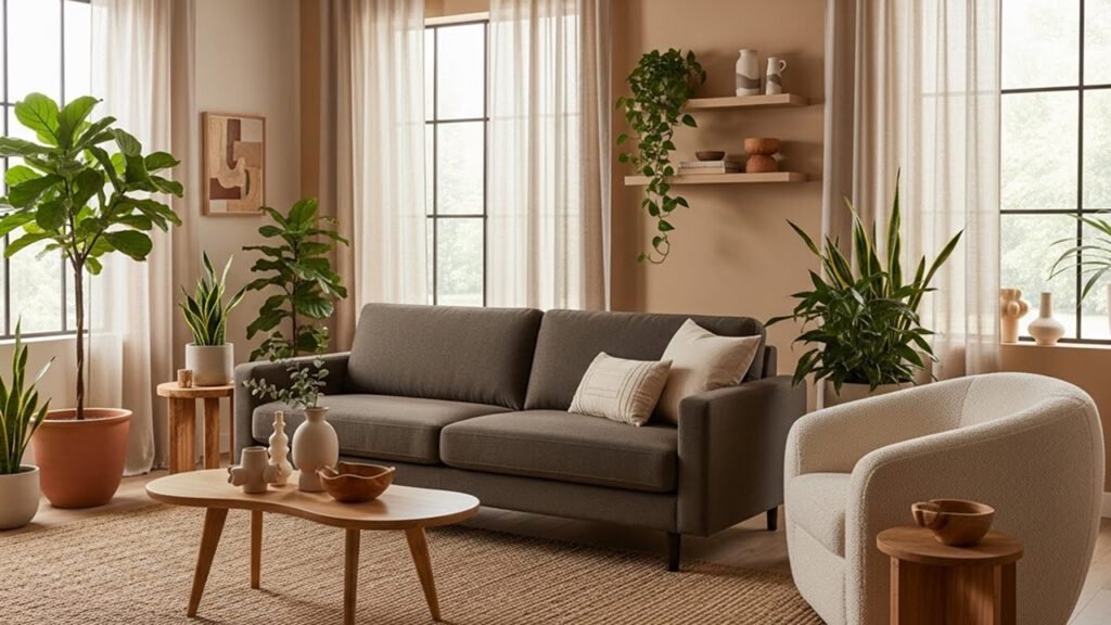 Modern organic brown living room with espresso sofa and boucle armchair
