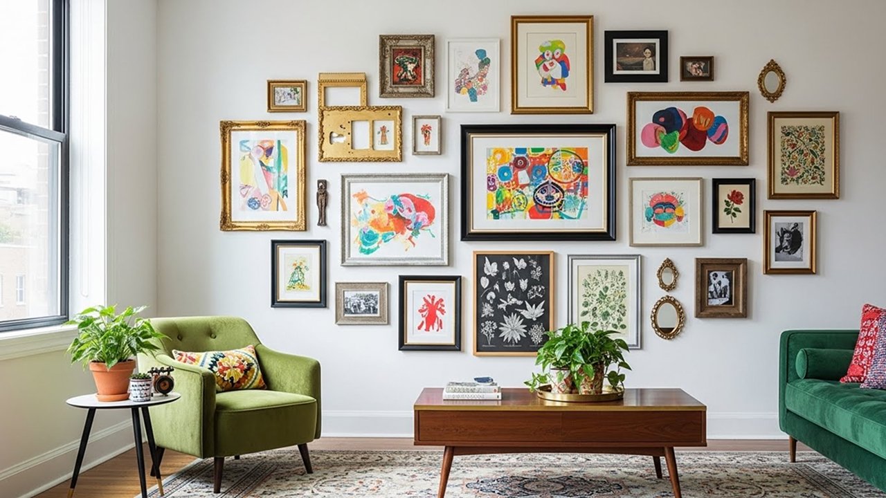 Playful living room wall with mismatched frames and collage.
