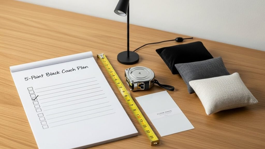 Printable 5-point checklist for decorating around a black couch: dimensions, LRV, rug, lighting, and pillow formula