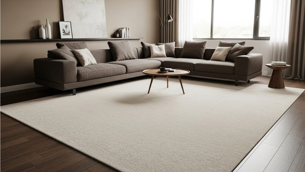 Rug sizing guide with oversized rug under brown sectional sofa in living room decor 2026
