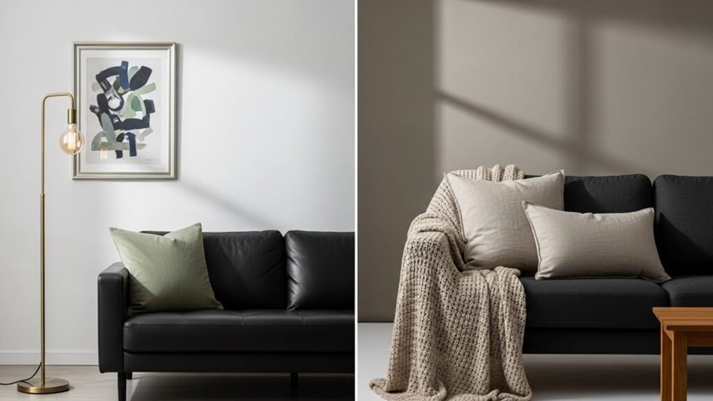 Side-by-side comparison: styling tactics for black leather vs black fabric couches—lighting, texture, and material pairings