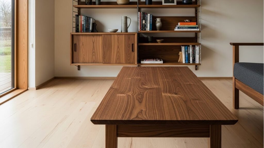 Wood species durability in brown living room decor with walnut, oak, and mapl