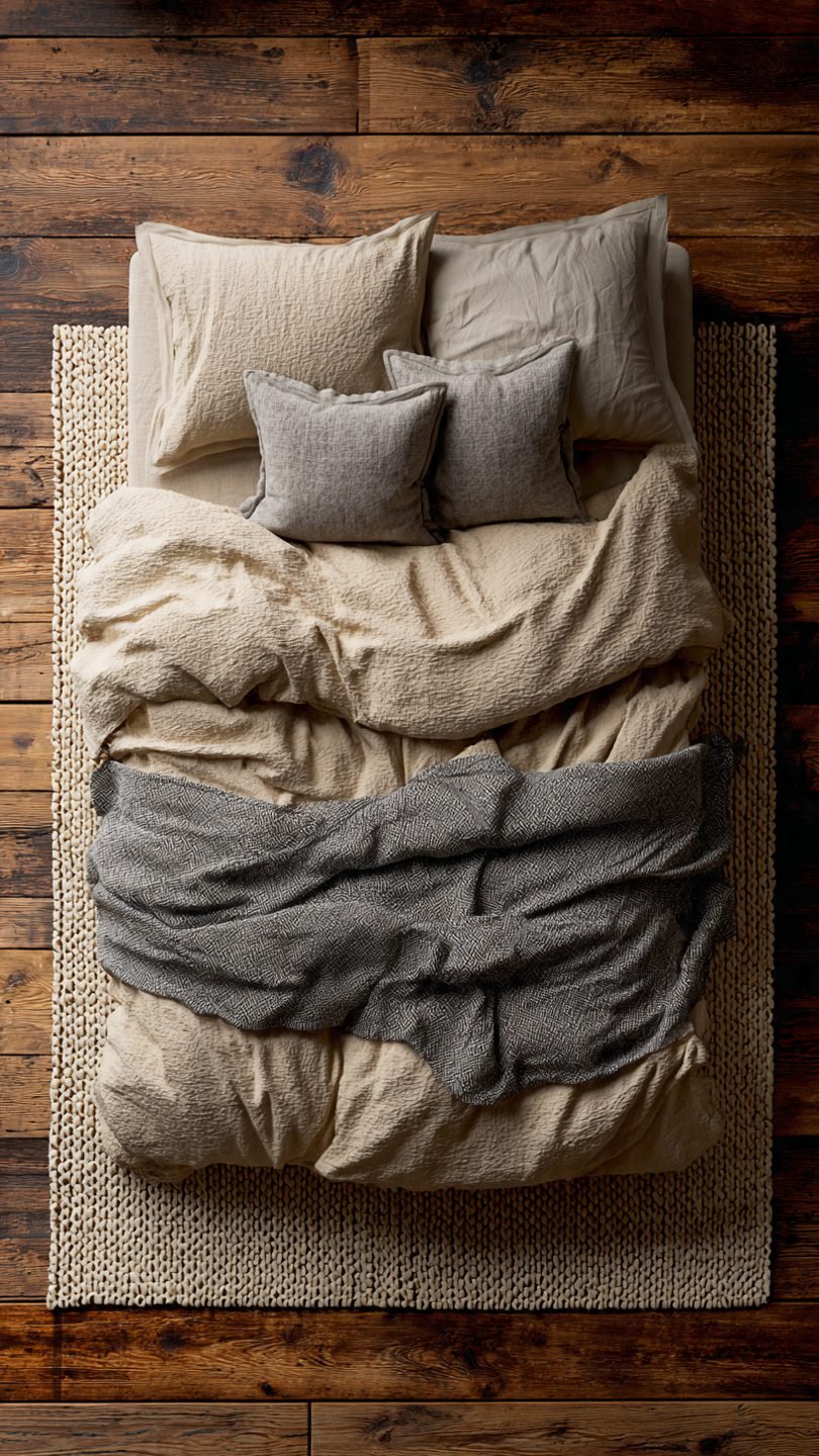 5x8 area rug correctly sized under a bed in a small cozy bedroom, leaving 18 inches of floor space for balanced visual flow