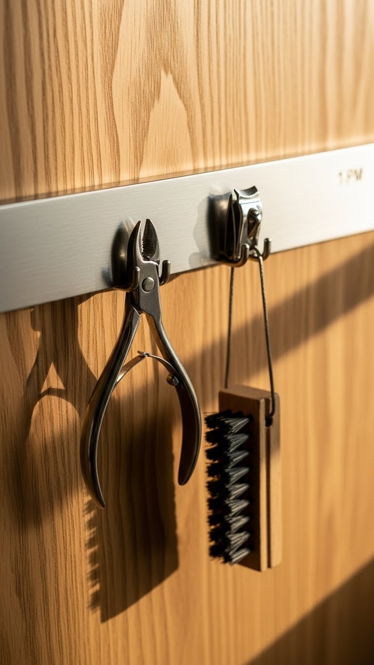 Adhesive magnetic strip for pet tools in rental kitchen-living area—organized and damage-free