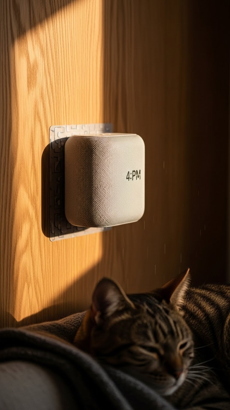 Adhesive-mounted cordless speaker in rental living room—pet-calming tech, no holes