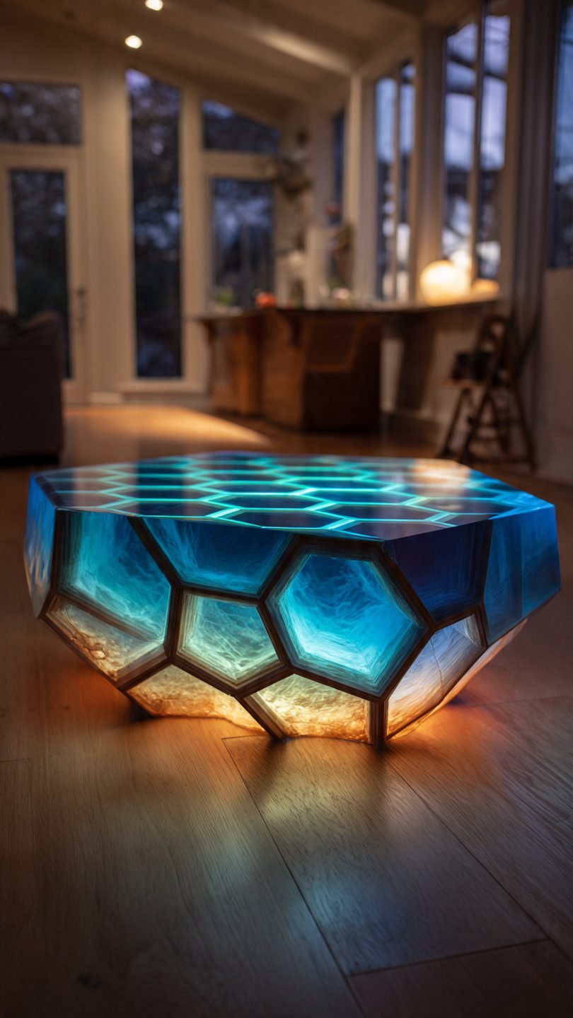 Artistic LED-embedded resin coffee table with light patterns