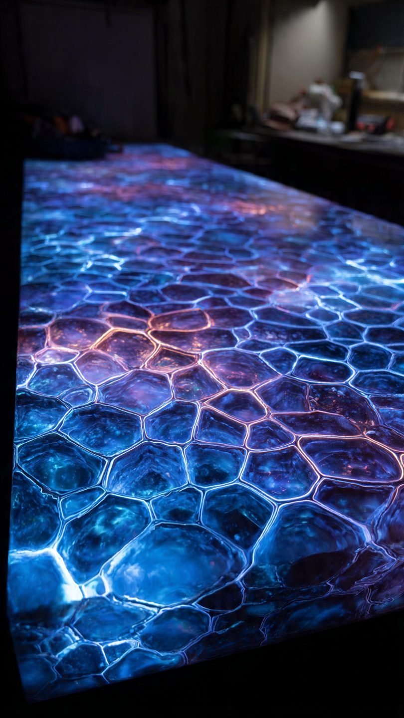 Artistic LED-embedded resin coffee table with light patterns
