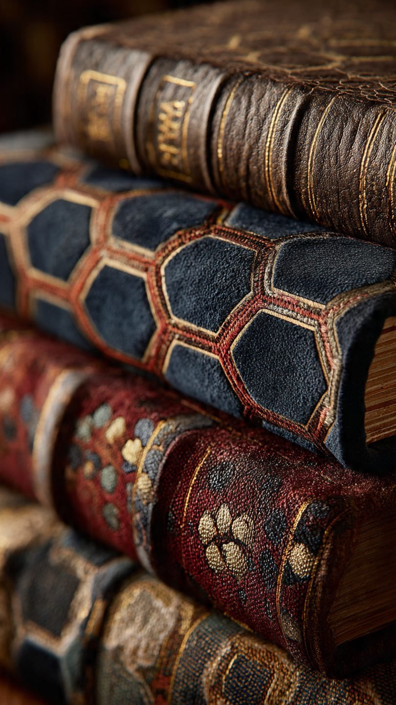 Artistic arrangement of books and vintage textiles