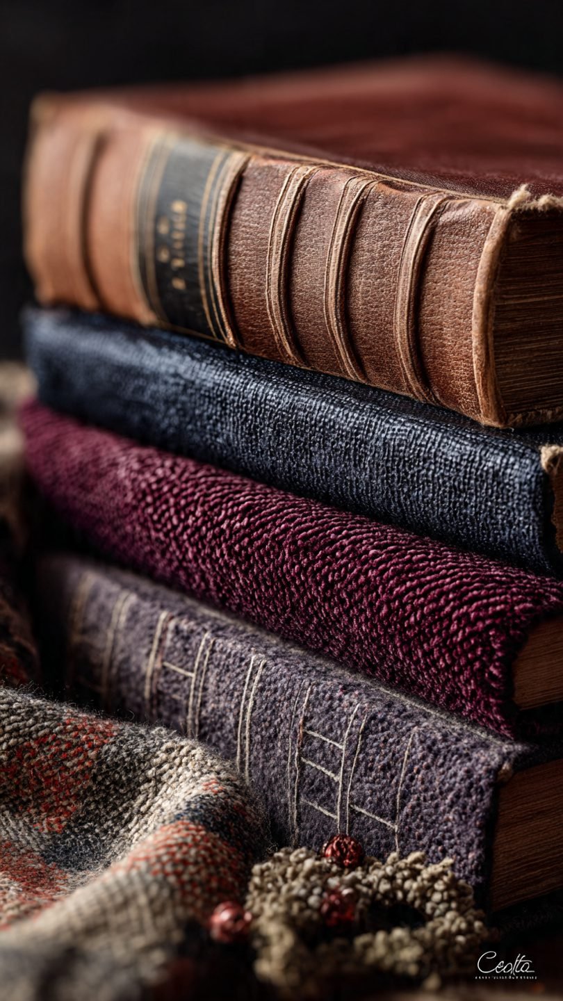 Artistic arrangement of books and vintage textiles