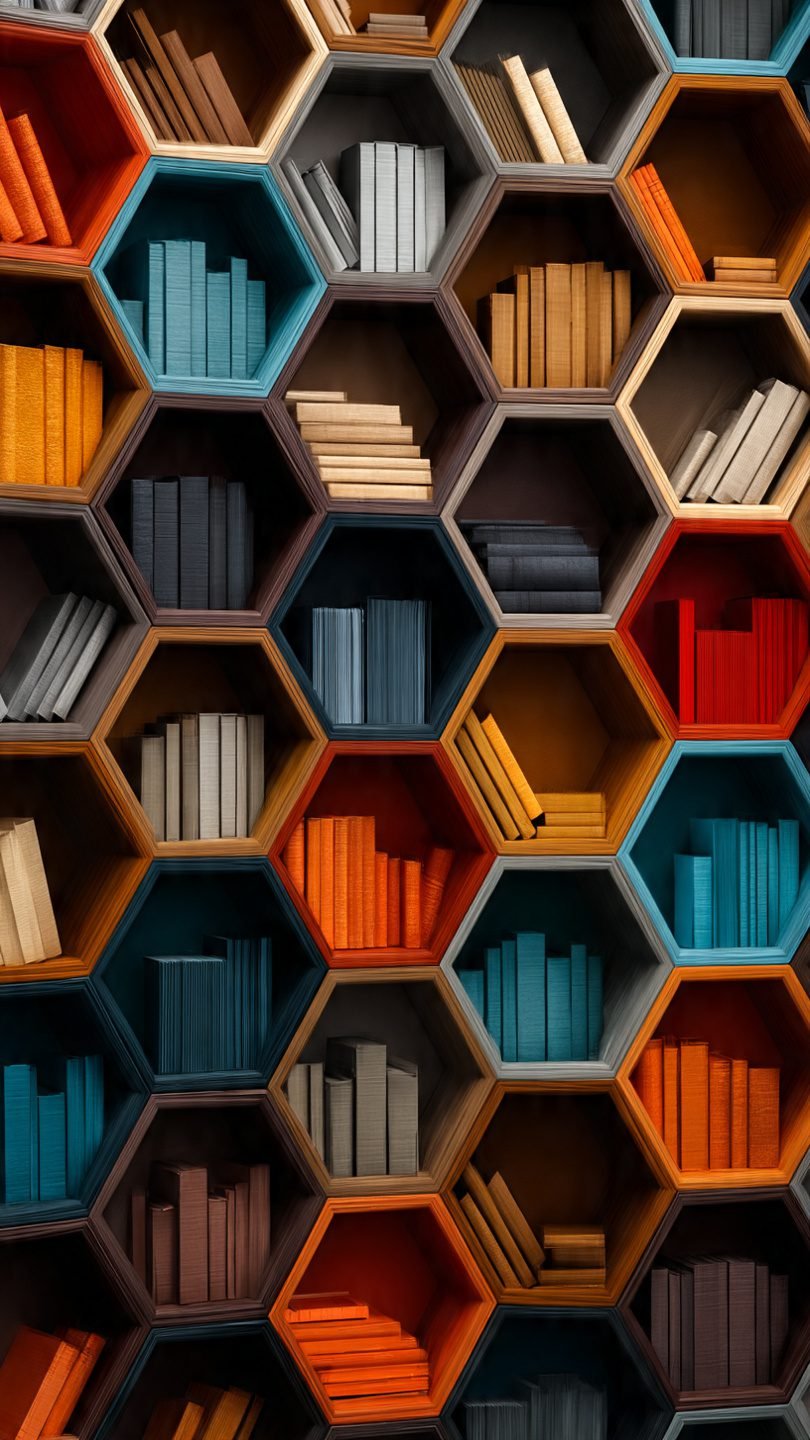 Artistic floating book display with geometric arrangement