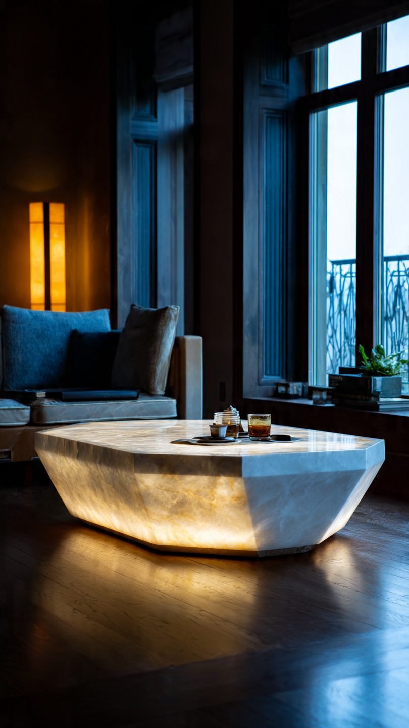 Artistic floating marble coffee table with cantilever design