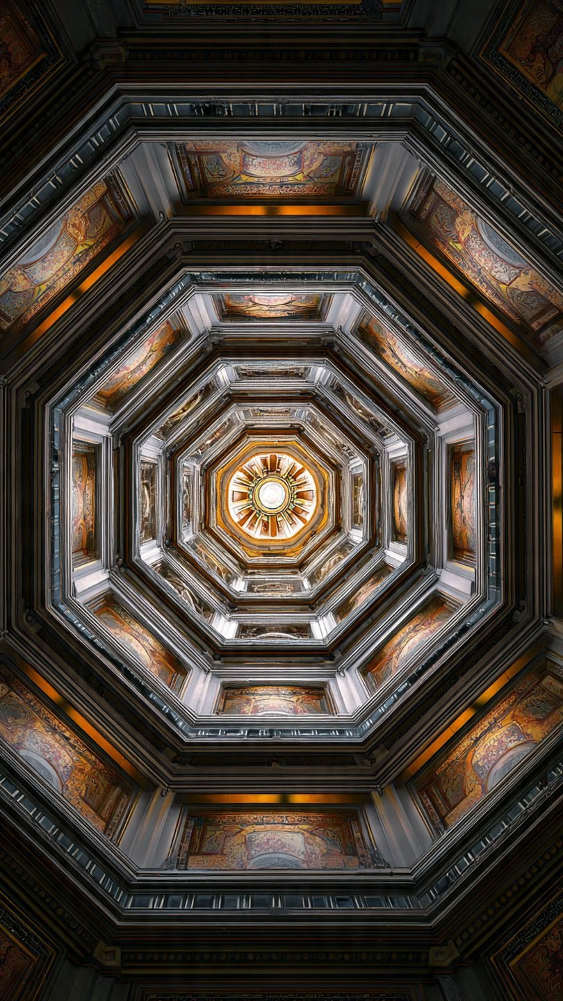 Artistic gallery wall arranged in Fibonacci spiral pattern