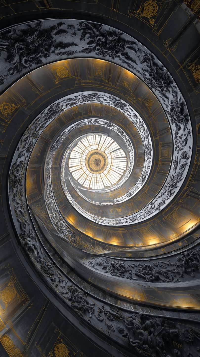 Artistic gallery wall arranged in Fibonacci spiral pattern