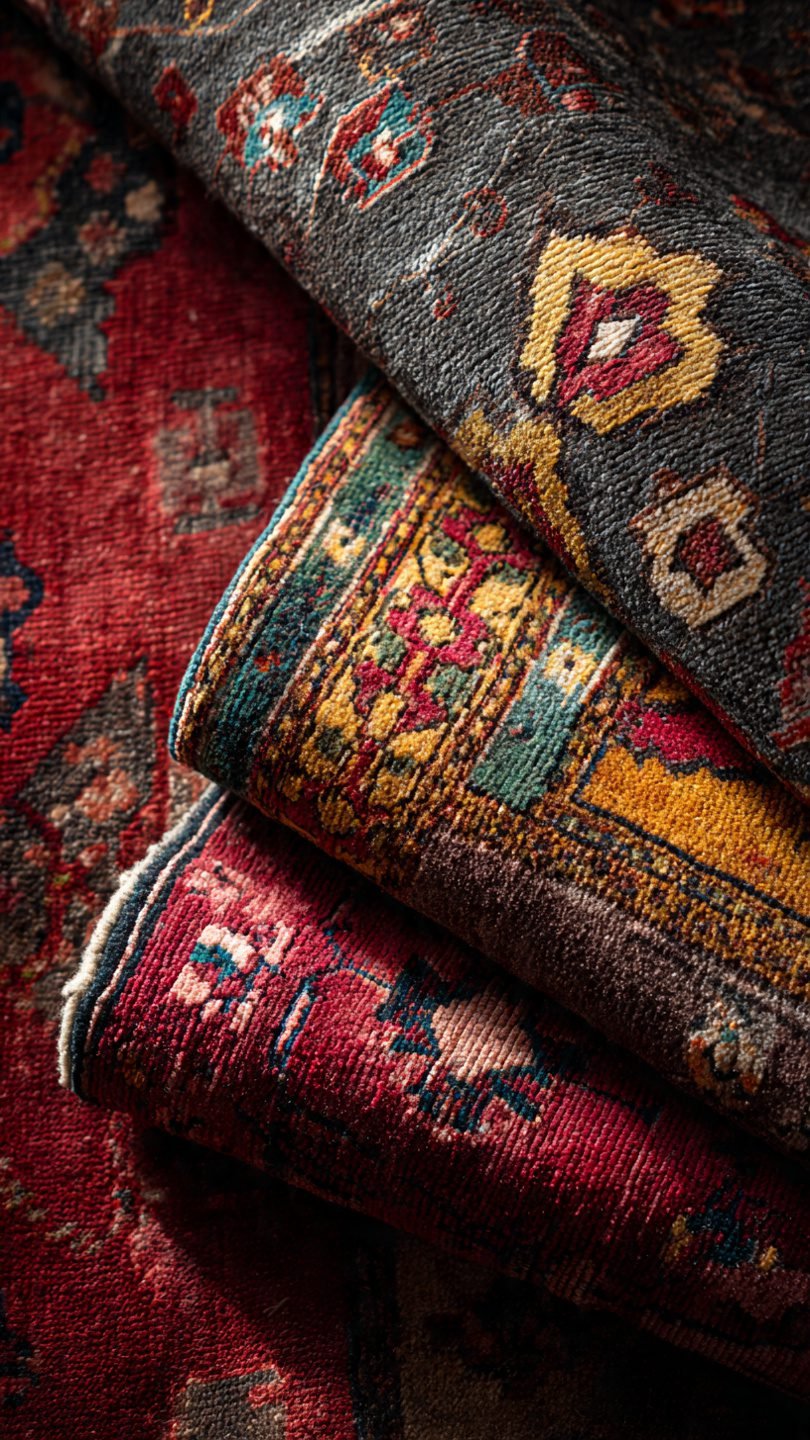 Artistic layered vintage rug arrangement in living room