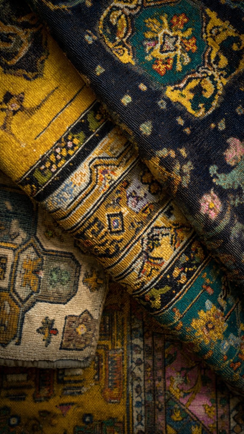 Artistic layered vintage rug arrangement in living room