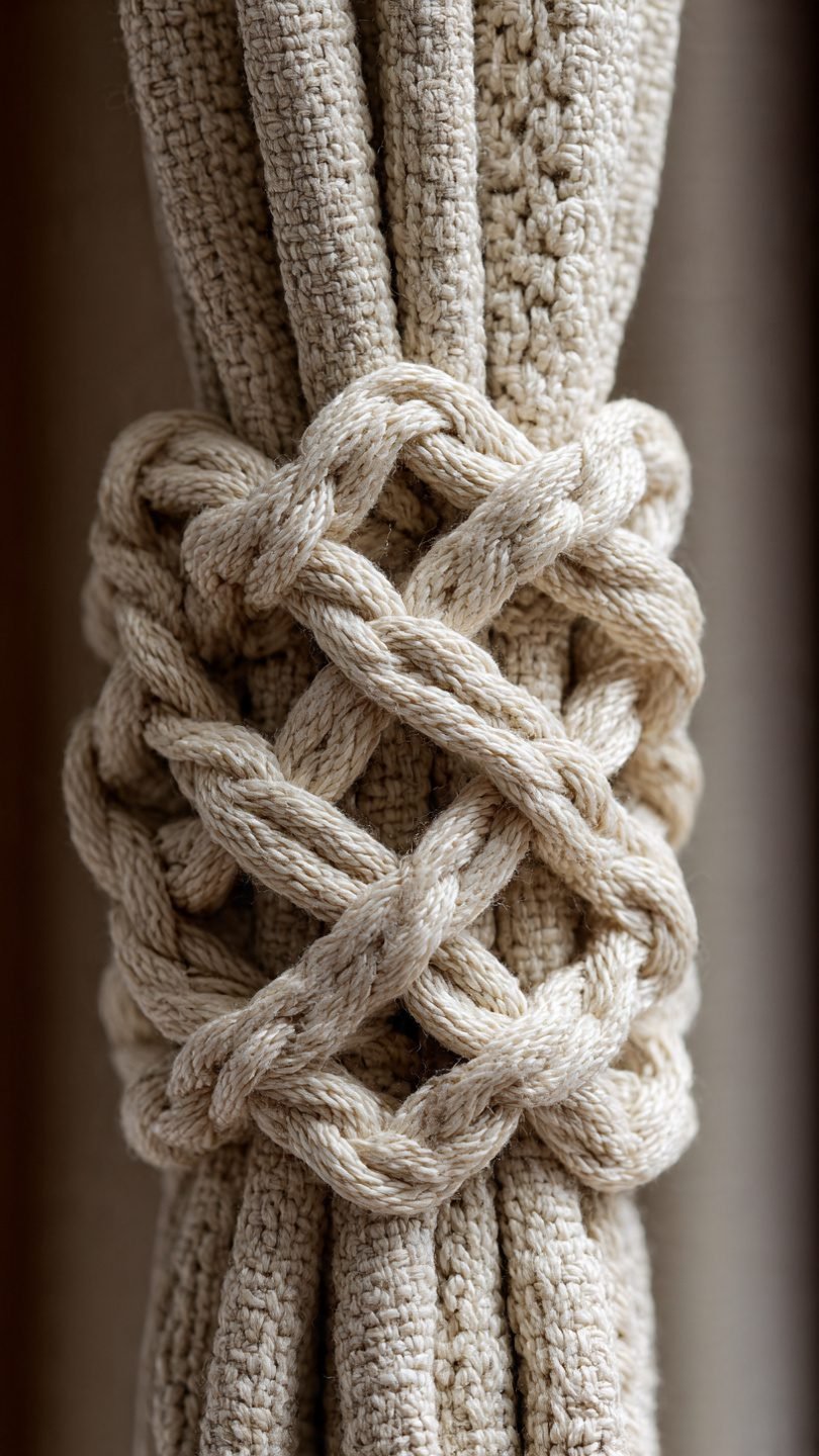 Artistic macramé room divider with asymmetrical design