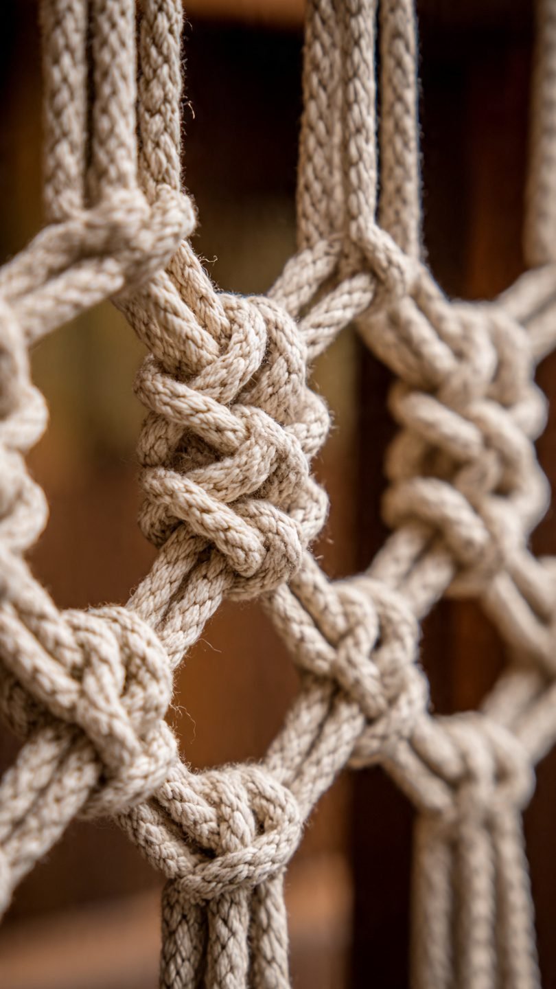 Artistic macramé room divider with asymmetrical design