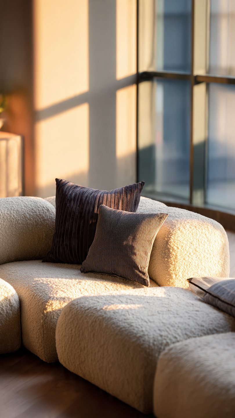 Artistic modular sofa with biophilic curves and mixed textures