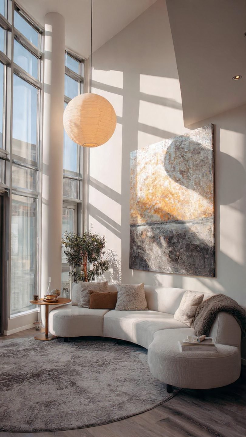 Artistic oversized paper lanterns creating dramatic shadows in modern living room