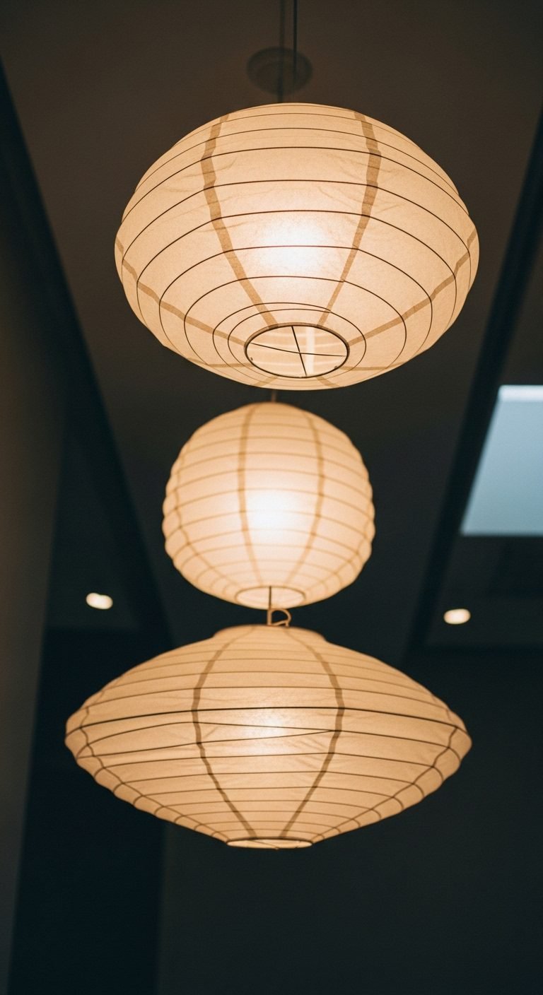 Artistic oversized paper lanterns creating dramatic shadows in modern living room