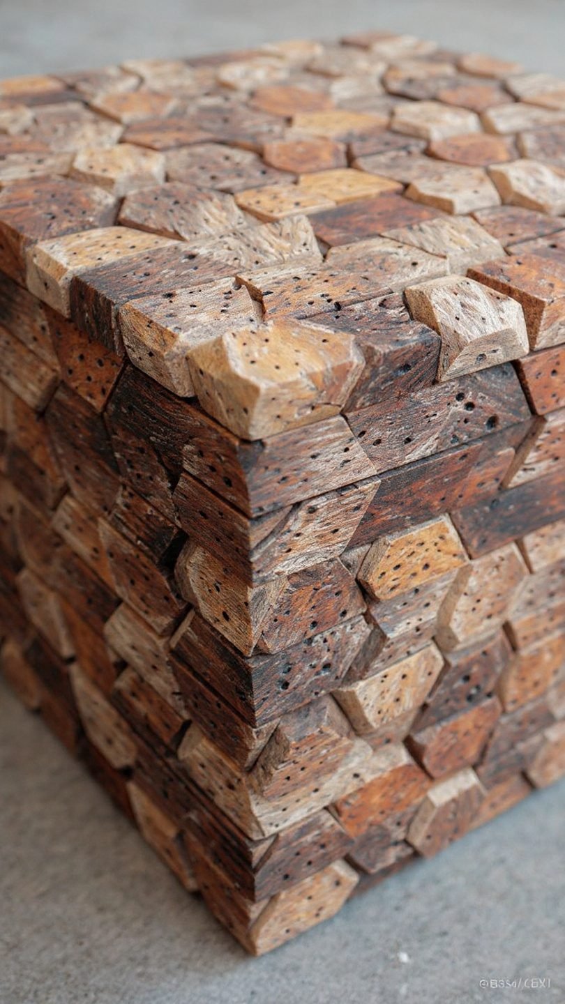 Artistic stacked wood coffee table showing natural grain patterns
