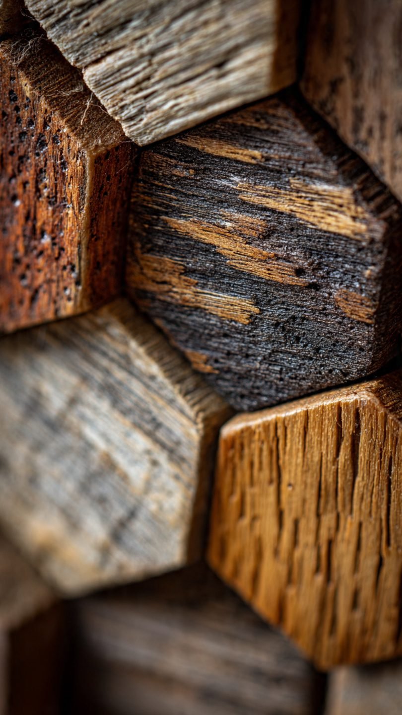 Artistic stacked wood coffee table showing natural grain patterns