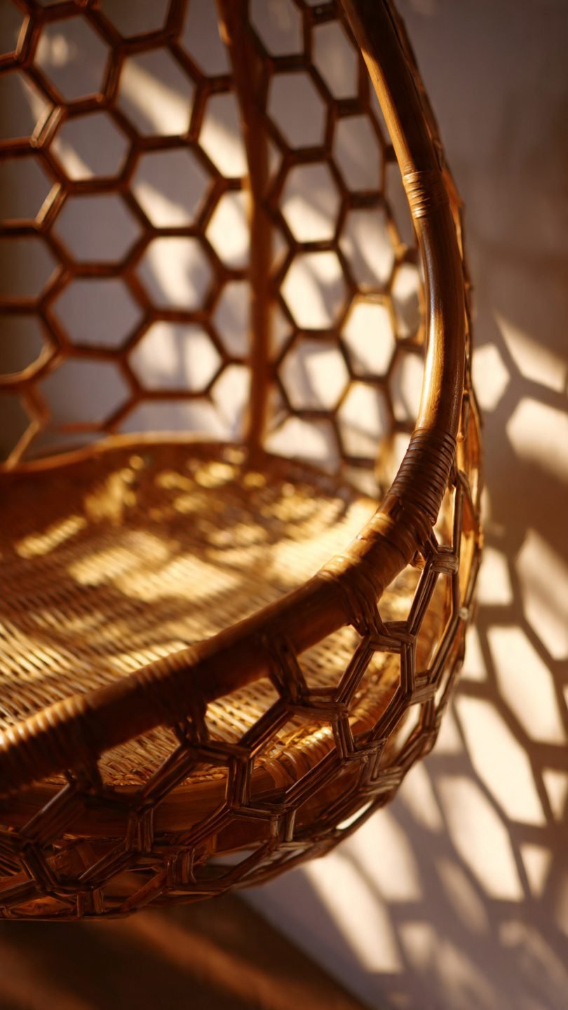 Artistic suspended reading pod in rattan and brass