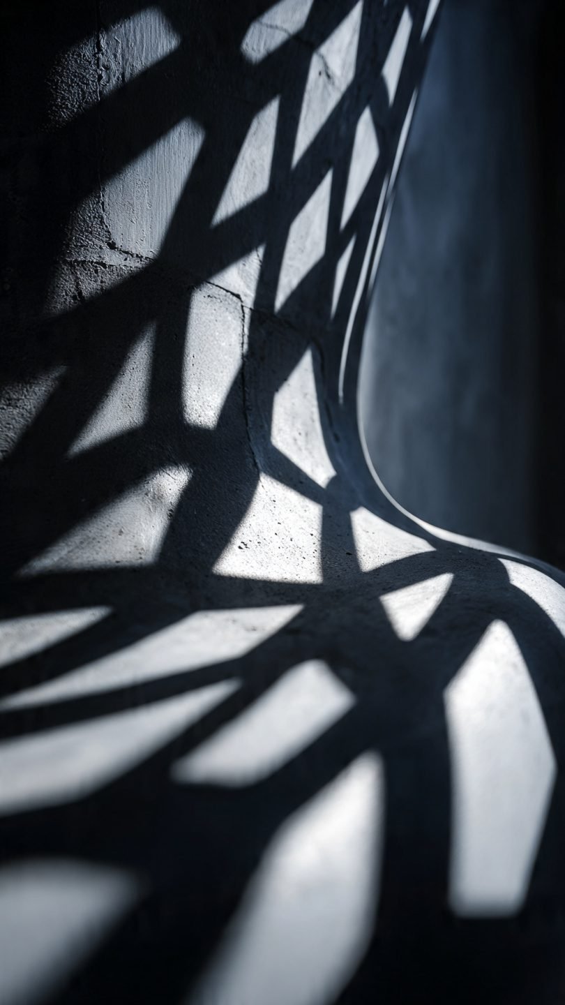 Artistic wall sculptures creating dramatic shadow patterns