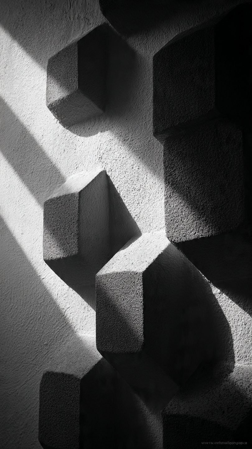 Artistic wall sculptures creating dramatic shadow patterns