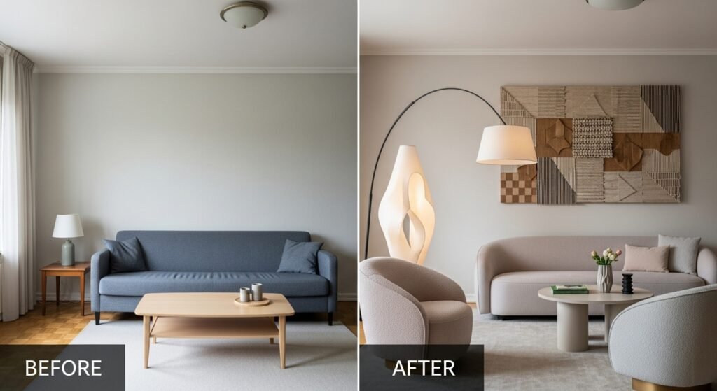 Before and after of artistic living room transformation showing design principles in action