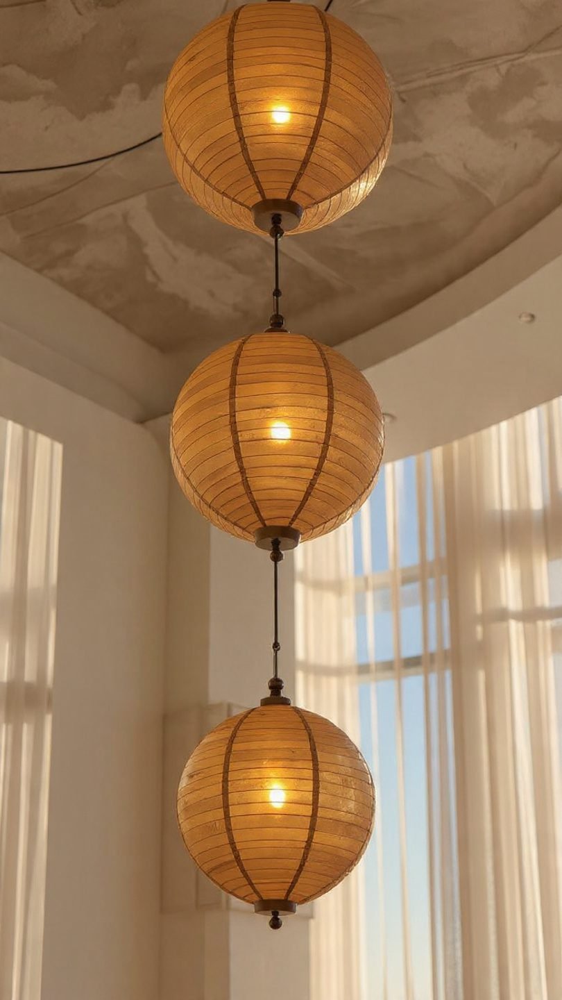 Brass mobile chandelier with artistic glass orbs in contemporary living room