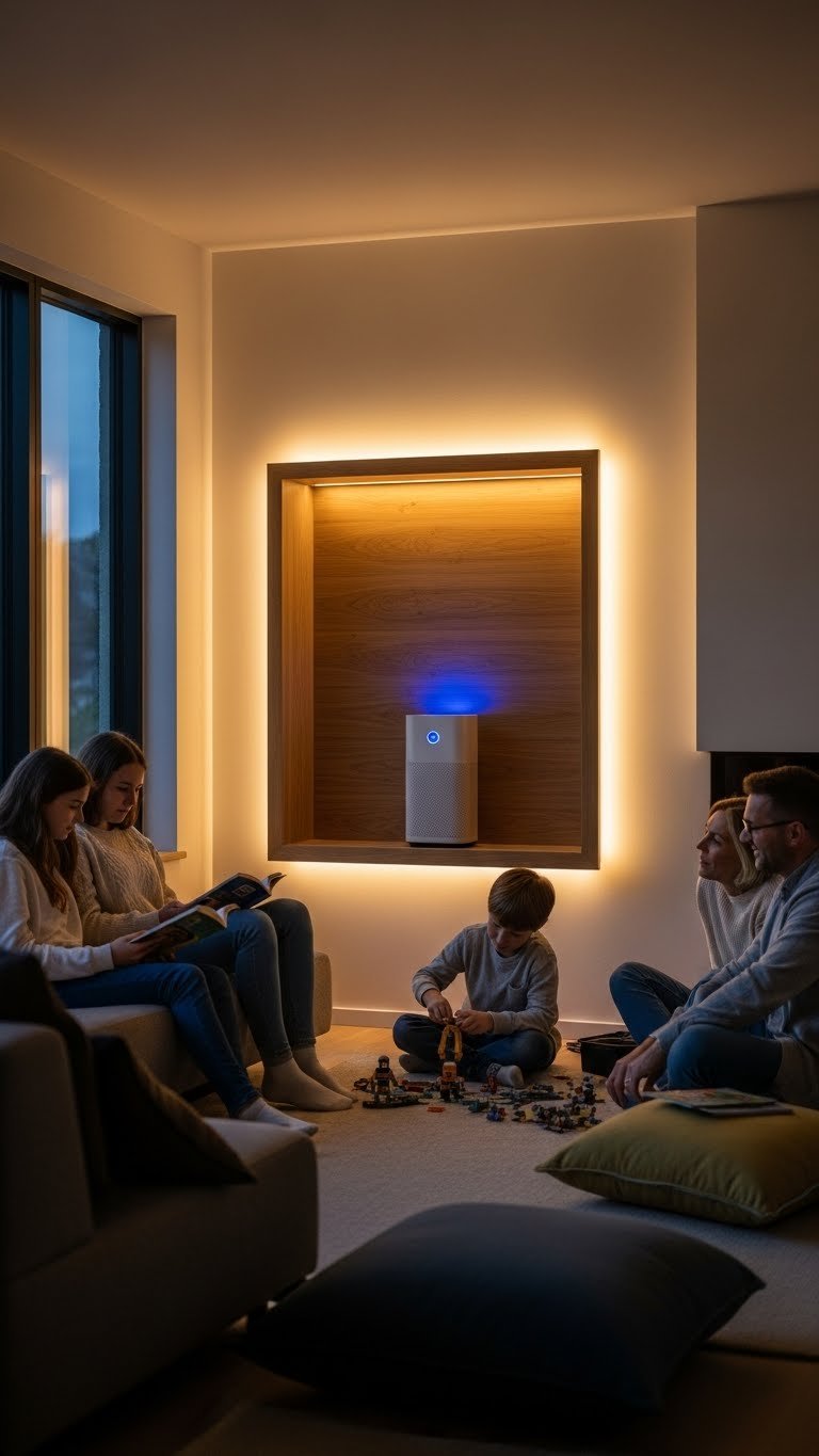 Built-in HEPA air purifier in modern living room—controls dander and allergens