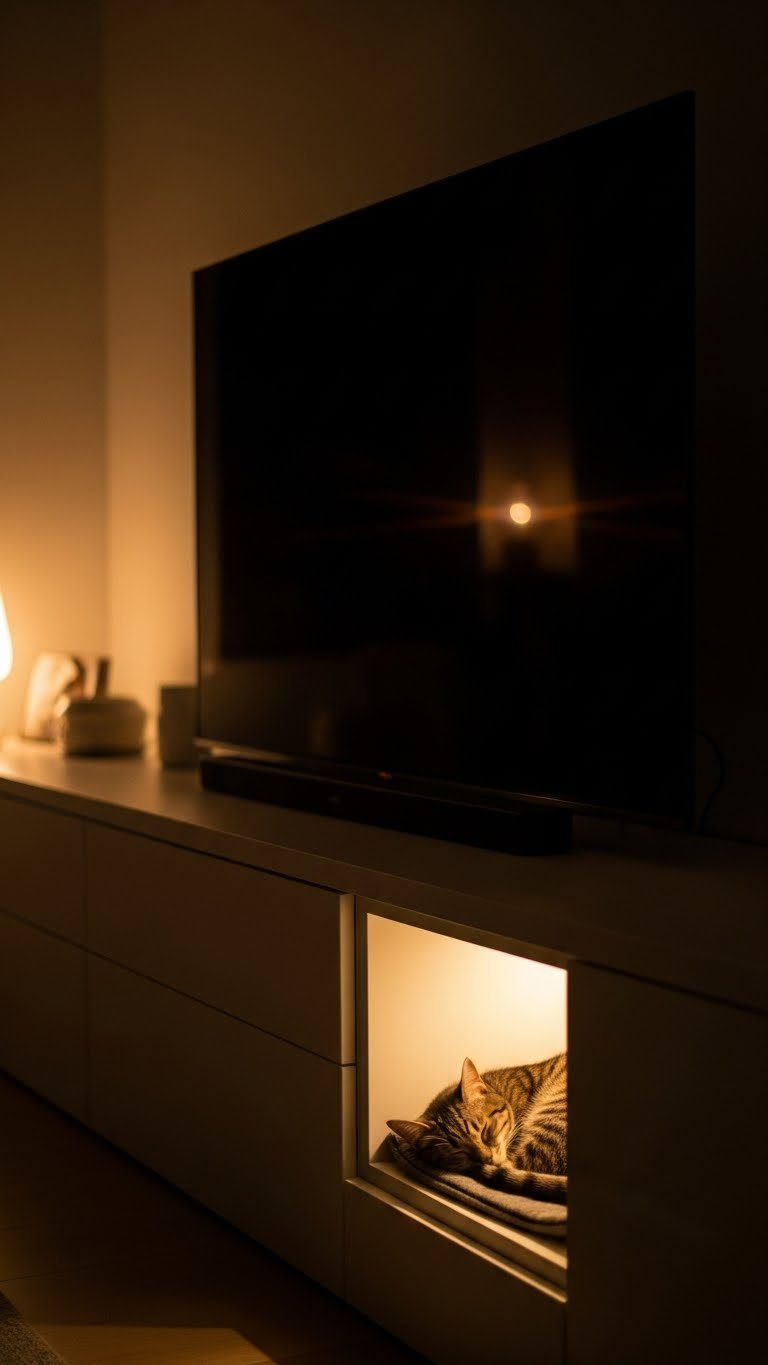 Built-in cat bed inside modern entertainment unit—hidden retreat near family hub