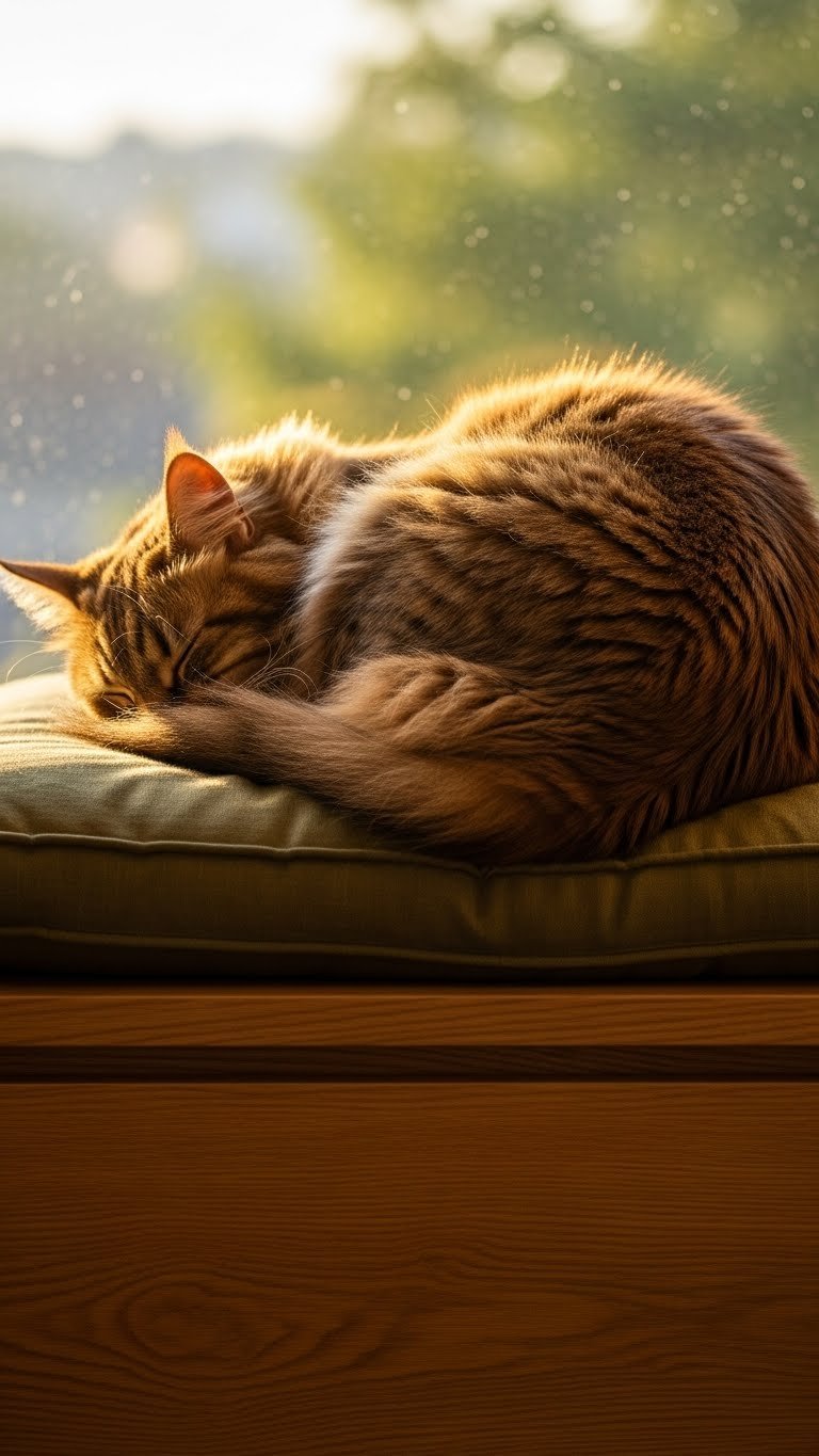 Built-in cat window perch in modern living room—sunlit and serene