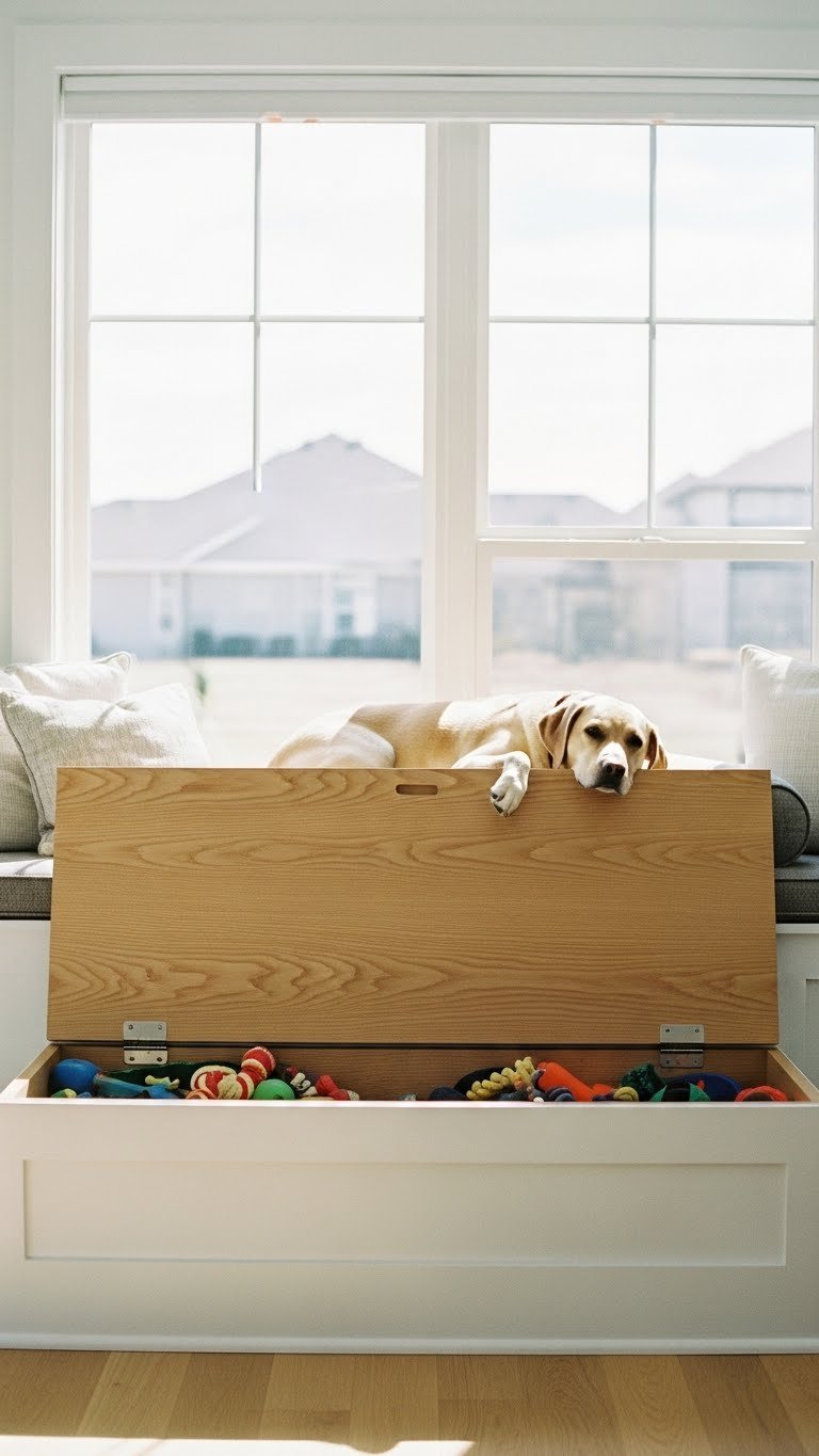 Built-in window bench with toy storage in modern living room—functional and pet-friendly