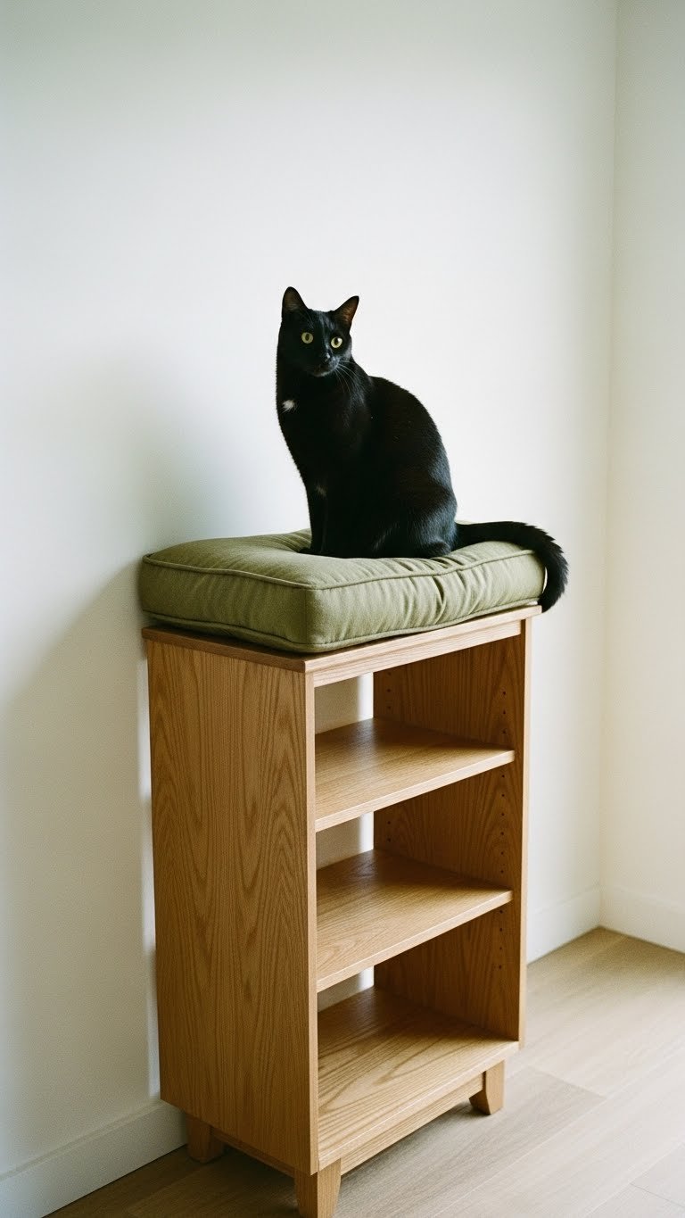 Cat perch on top of modern bookshelf—high vantage point in living room