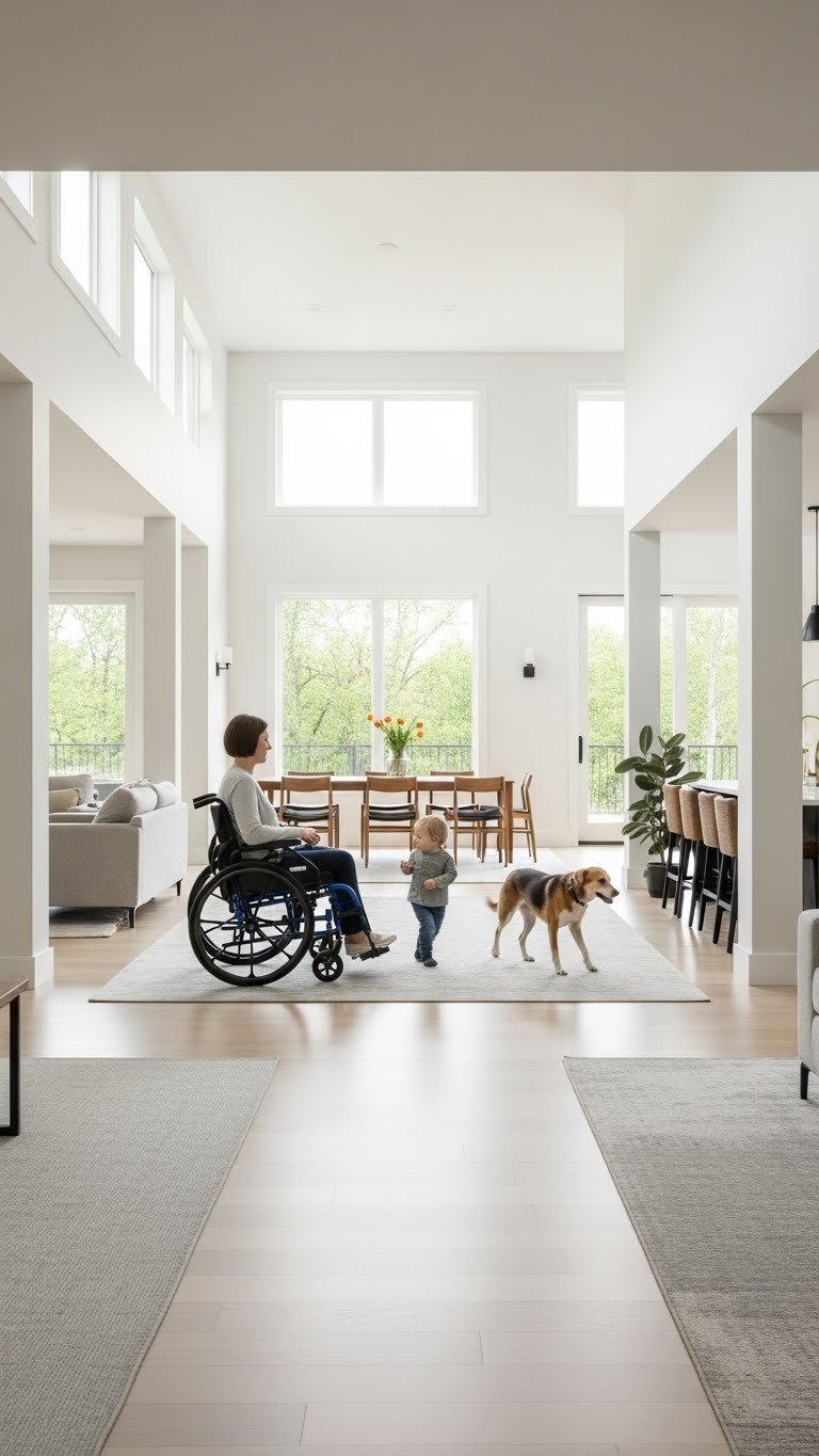 Clear walkways in modern living room—accessible for multi-gen and pets
