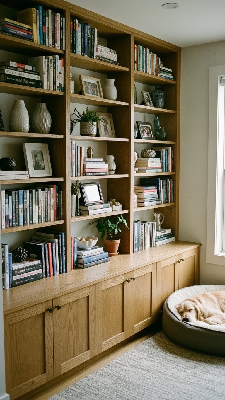 Closed-base oak shelves hide pet supplies in organic modern living room